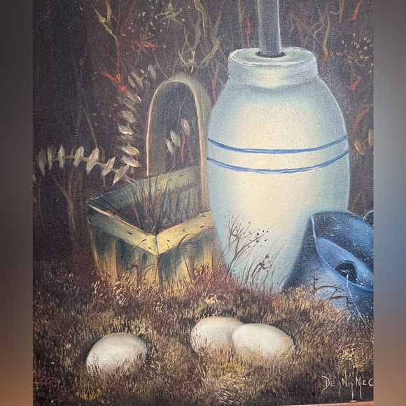 Still Life - Blue & White Churn - Eggs- Oil Painting - Signed - Original - Picture 5 of 8